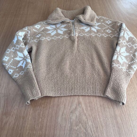 Time & Tru Women Sherpa Quarter Zip Sweater M Snowflake Nordic Tan Teddy Fleece - Picture 1 of 5